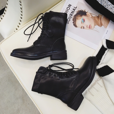 短靴馬丁靴女英倫風女靴歐美街頭系帶方跟中跟圓頭休閑皮靴子2017秋季新款黑色 東材馬丁靴型號【價格 圖片 品牌 報價】-蘇寧易購力盾服飾鞋帽專營店